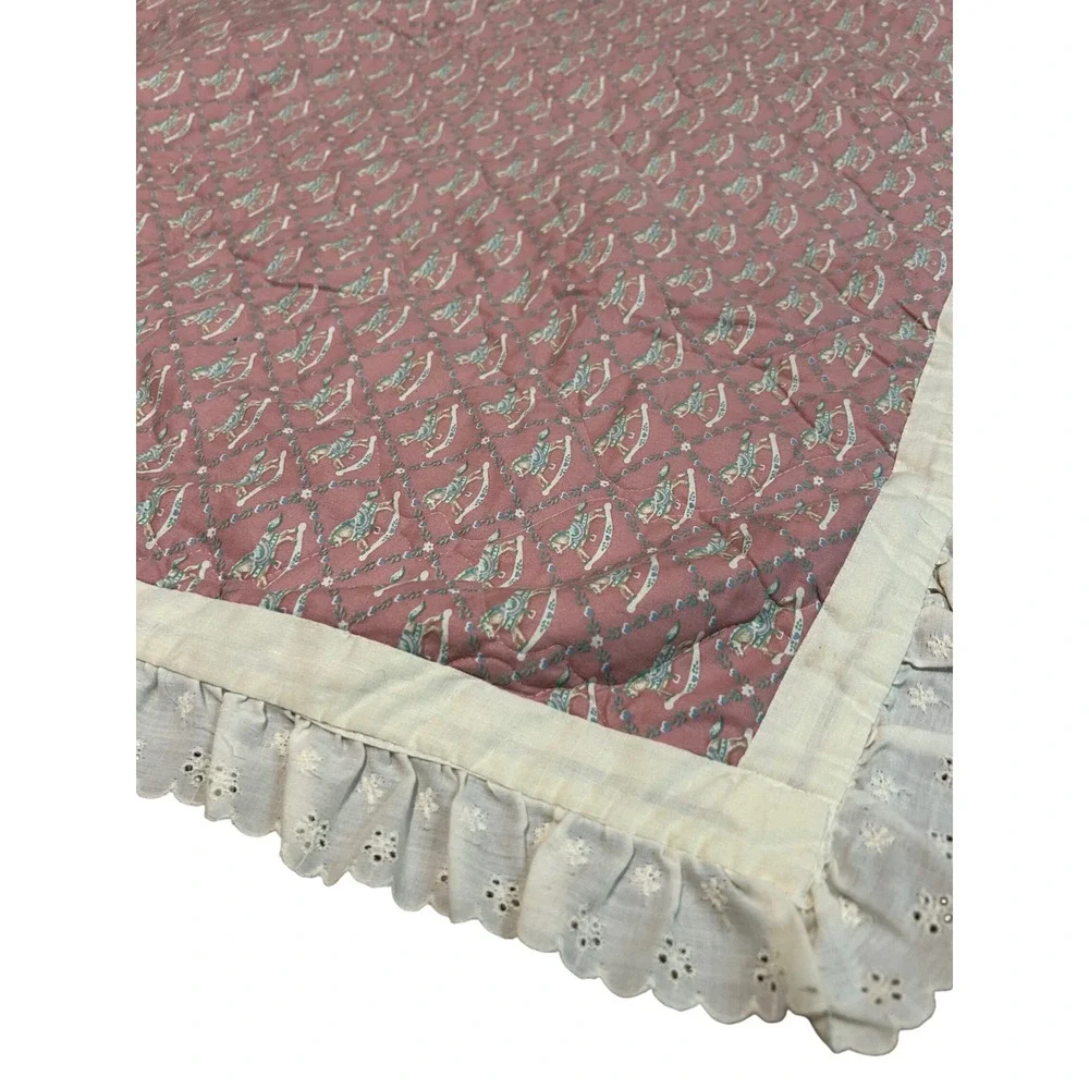 Vintage Rocking Horse Quilted Baby Blanket Pink Blue Eyelet Lace Ruffle Trim
